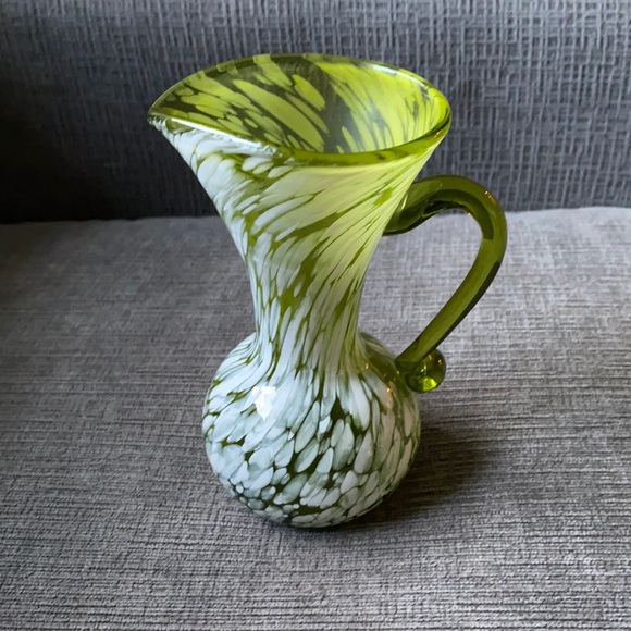 Vtg green glass w/ white paint ewer/pitcher/vase